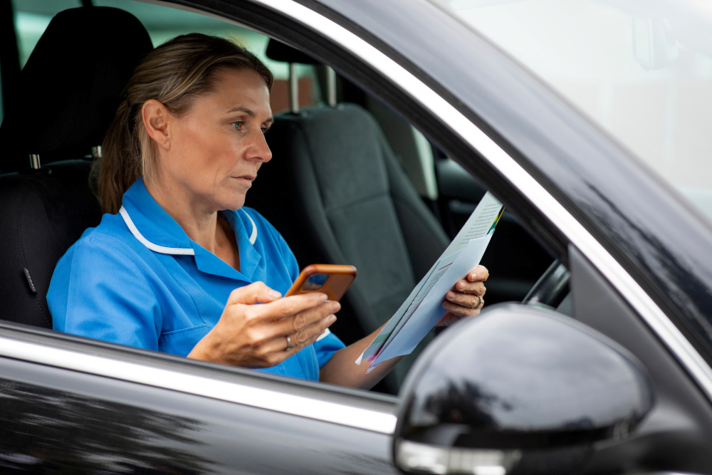 Ambulante Pflegekraft liest Patientendaten im Auto © SolStock / Getty Images / iStock